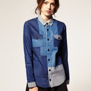 ASOS Patchwork Denim Button Down Shirt Size 2
